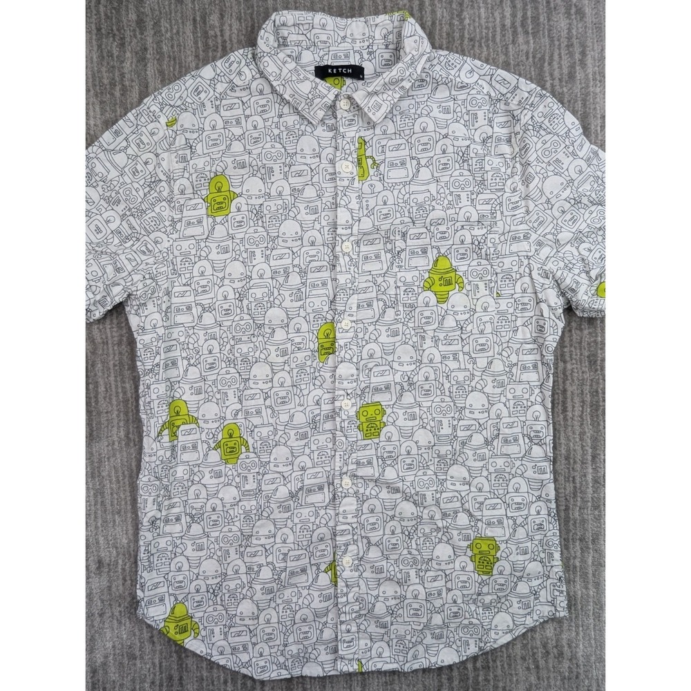 Ketch Shirt Men's Small Button Down Short Sleeve Robot AOP Geometric Green White